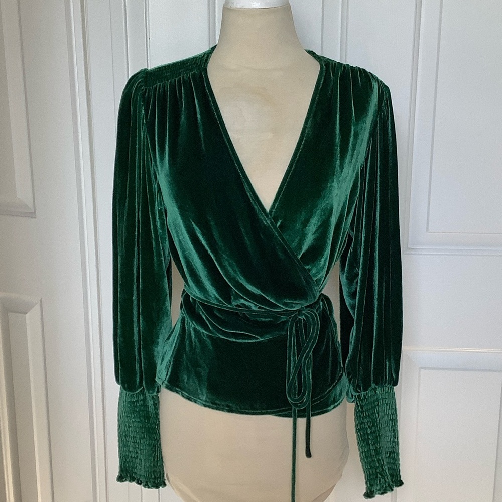 Reformation Deep Green Velvet Wrap Blouse. Size S.